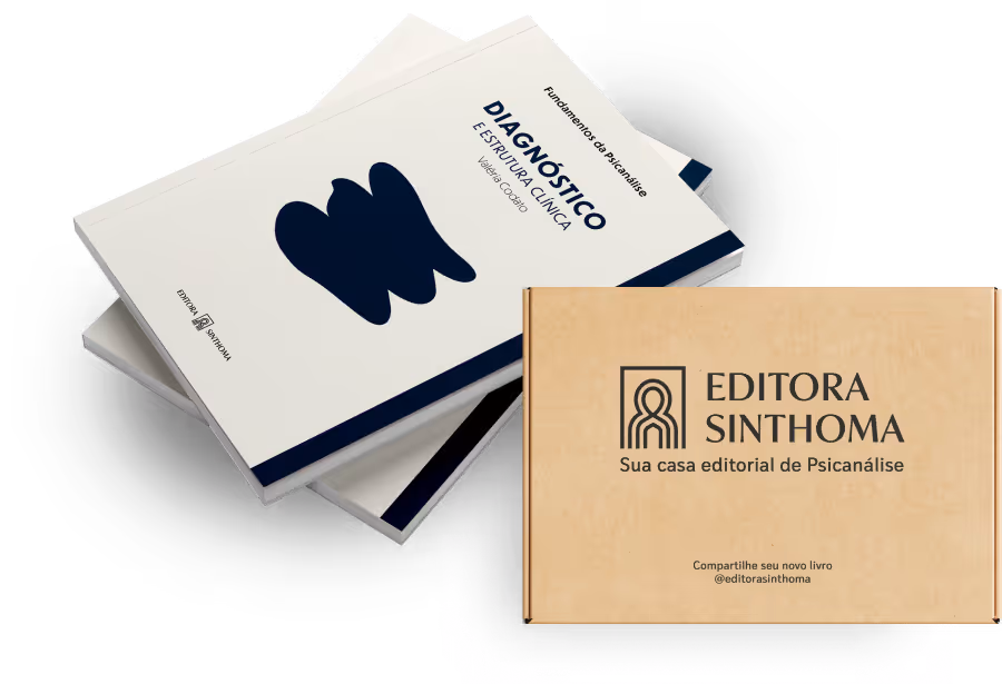 Livro intitulado 'Amor de Transferência' empilhado ao lado de uma caixa com o logo da Editora Sinthoma, especializada em psicanálise.